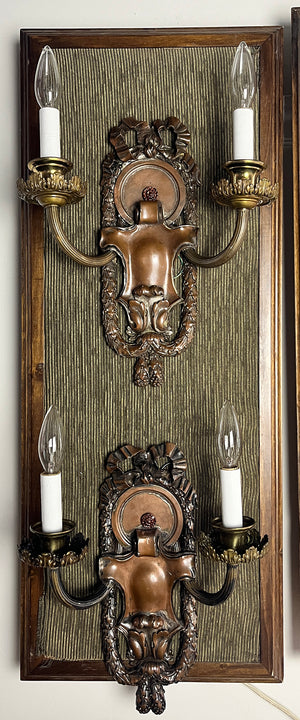 $1800 PAIR - Circa 1910 Signed Caldwell Beaux Arts Edwardian Double Light Bronze Wall Sconces