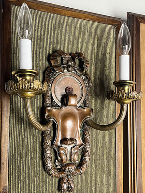 $1800 PAIR - Circa 1910 Signed Caldwell Beaux Arts Edwardian Double Light Bronze Wall Sconces