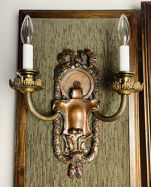 $1800 PAIR - Circa 1910 Signed Caldwell Beaux Arts Edwardian Double Light Bronze Wall Sconces