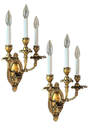 $1800 PAIR - Stunning Pair of Antique Circa 1890 Early Electric Gilded Age Three Light Candelabra Wall Sconces