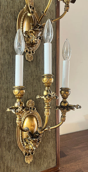 $1800 PAIR - Stunning Pair of Antique Circa 1890 Early Electric Gilded Age Three Light Candelabra Wall Sconces
