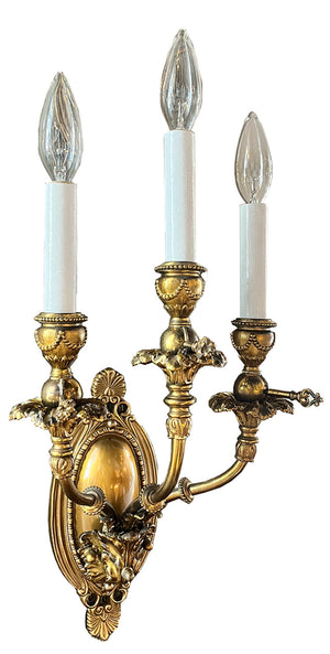 $1800 PAIR - Stunning Pair of Antique Circa 1890 Early Electric Gilded Age Three Light Candelabra Wall Sconces