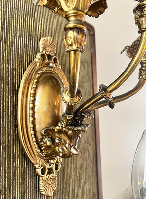 $1800 PAIR - Stunning Pair of Antique Circa 1890 Early Electric Gilded Age Three Light Candelabra Wall Sconces