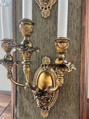 $1800 PAIR - Stunning Pair of Antique Circa 1890 Early Electric Gilded Age Three Light Candelabra Wall Sconces