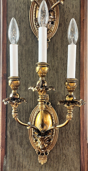 $1800 PAIR - Stunning Pair of Antique Circa 1890 Early Electric Gilded Age Three Light Candelabra Wall Sconces