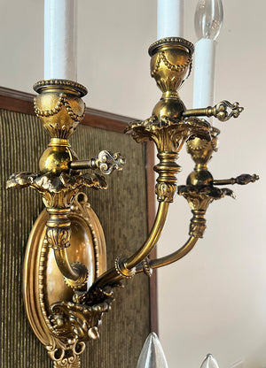 $1800 PAIR - Stunning Pair of Antique Circa 1890 Early Electric Gilded Age Three Light Candelabra Wall Sconces