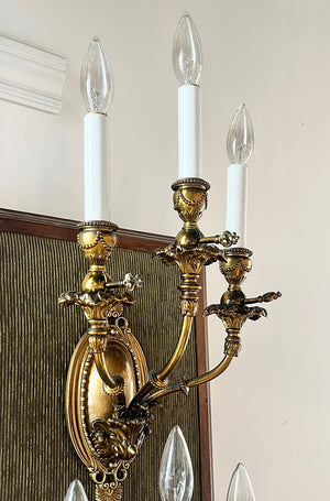$1800 PAIR - Stunning Pair of Antique Circa 1890 Early Electric Gilded Age Three Light Candelabra Wall Sconces