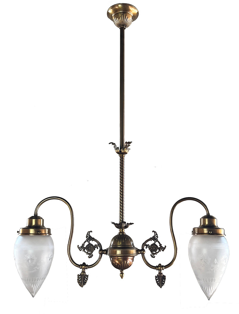 Antique 1900 Late Victorian Two Light Down Burning Gas Light with Antique Etched and Wheel Cut Bullet Shades