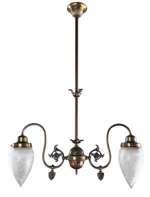 Antique 1900 Late Victorian Two Light Down Burning Gas Light with Antique Etched and Wheel Cut Bullet Shades