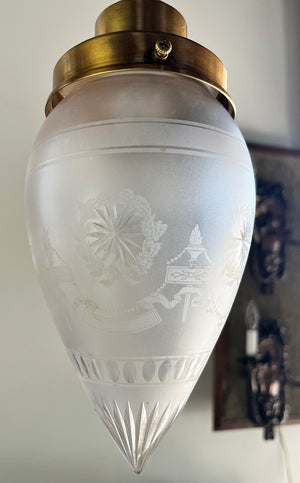 Antique 1900 Late Victorian Two Light Down Burning Gas Light with Antique Etched and Wheel Cut Bullet Shades