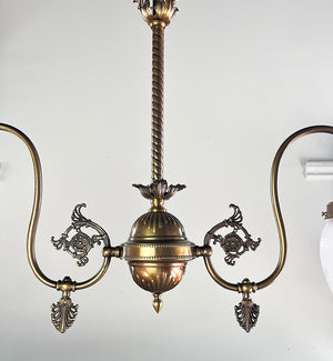 Antique 1900 Late Victorian Two Light Down Burning Gas Light with Antique Etched and Wheel Cut Bullet Shades