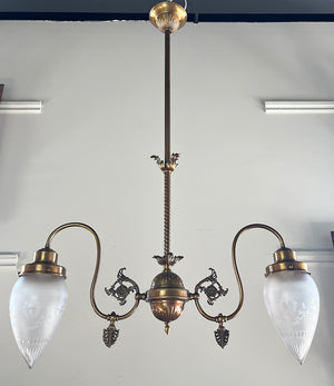 Antique 1900 Late Victorian Two Light Down Burning Gas Light with Antique Etched and Wheel Cut Bullet Shades