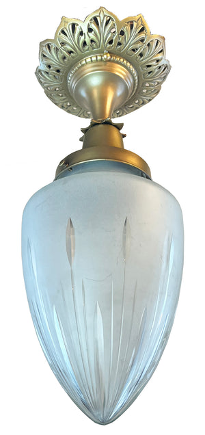 Circa 1905 Cast Brass Edwardian Flush Mount with Original Star Patterned Cut Bullet Shade