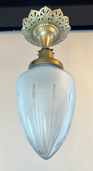 Circa 1905 Cast Brass Edwardian Flush Mount with Original Star Patterned Cut Bullet Shade