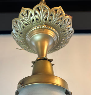 Circa 1905 Cast Brass Edwardian Flush Mount with Original Star Patterned Cut Bullet Shade