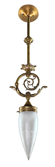Antique Circa 1905 Early Electric Edwardian Pendant with Cast Filigree and and Original Acid Etched Bullet Shade