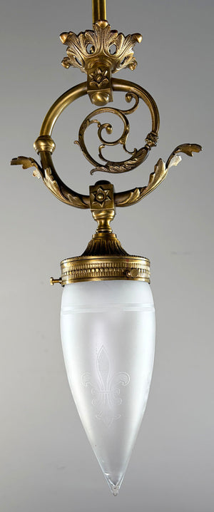Antique Circa 1905 Early Electric Edwardian Pendant with Cast Filigree and and Original Acid Etched Bullet Shade