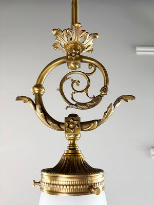 Antique Circa 1905 Early Electric Edwardian Pendant with Cast Filigree and and Original Acid Etched Bullet Shade