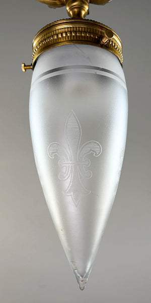 Antique Circa 1905 Early Electric Edwardian Pendant with Cast Filigree and and Original Acid Etched Bullet Shade