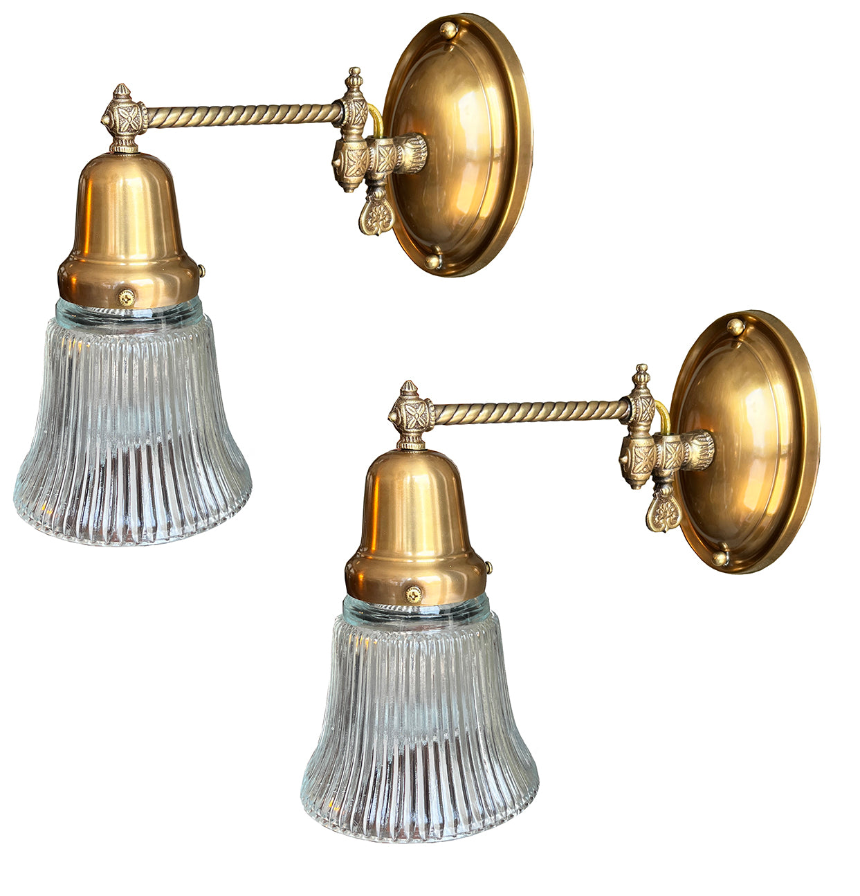 $750 PAIR - SET OF 4 AVAILABLE- Circa 1900 Down Light Converted Gas Sconce with Rope Tubing and Holophane Shade