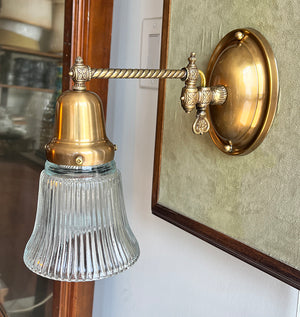 $750 PAIR - SET OF 4 AVAILABLE- Circa 1900 Down Light Converted Gas Sconce with Rope Tubing and Holophane Shade