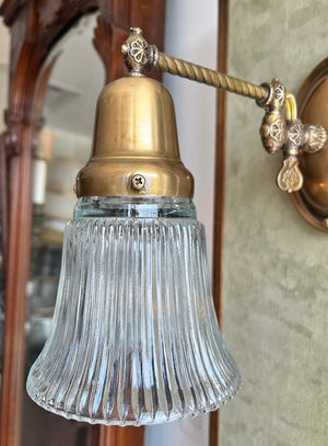 $750 PAIR - SET OF 4 AVAILABLE- Circa 1900 Down Light Converted Gas Sconce with Rope Tubing and Holophane Shade