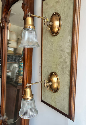 $750 PAIR - SET OF 4 AVAILABLE- Circa 1900 Down Light Converted Gas Sconce with Rope Tubing and Holophane Shade