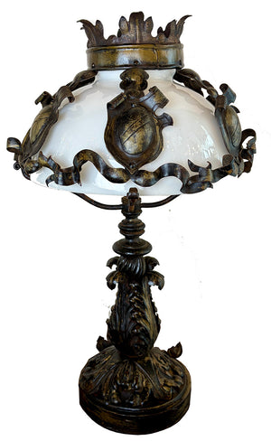 Antique Early 1900s Converted Gas Portable Table Lamp with Acanthus Filigree and Crests