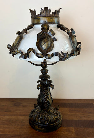 Antique Early 1900s Converted Gas Portable Table Lamp with Acanthus Filigree and Crests