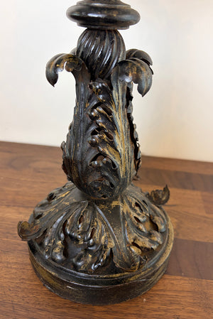 Antique Early 1900s Converted Gas Portable Table Lamp with Acanthus Filigree and Crests