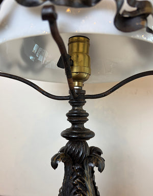 Antique Early 1900s Converted Gas Portable Table Lamp with Acanthus Filigree and Crests