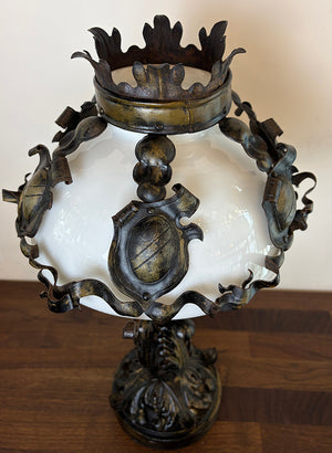 Antique Early 1900s Converted Gas Portable Table Lamp with Acanthus Filigree and Crests