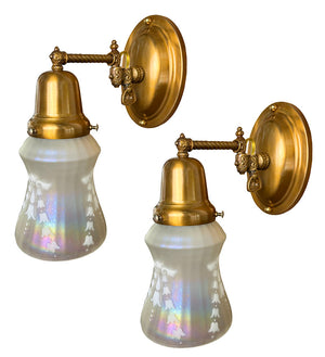 $750 PAIR - Circa 1900 Down Light Converted Gas Wall Sconce with Antique Iridescent Shades