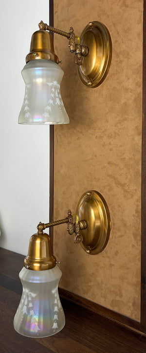 $750 PAIR - Circa 1900 Down Light Converted Gas Wall Sconce with Antique Iridescent Shades