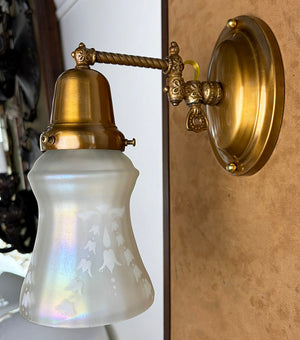 $750 PAIR - Circa 1900 Down Light Converted Gas Wall Sconce with Antique Iridescent Shades