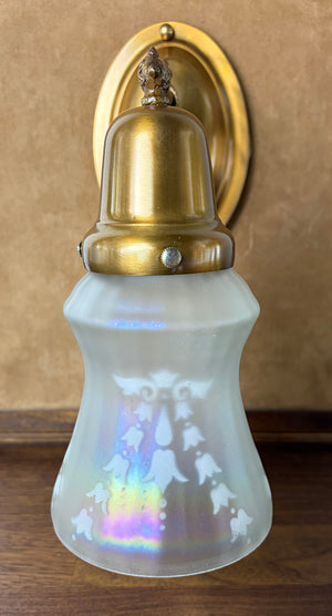 $750 PAIR - Circa 1900 Down Light Converted Gas Wall Sconce with Antique Iridescent Shades