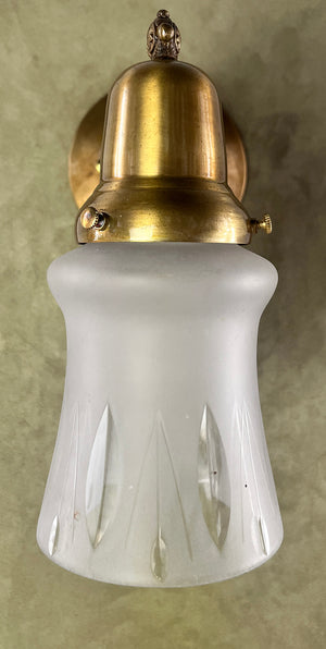 $750 PAIR - Antique CIrca 1900 Converted Gas Down Light Sconces with Antique Cut Pattern Shades