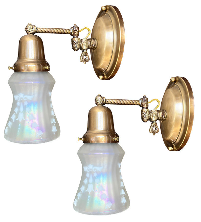 $750 PAIR - Circa 1900 Down Light Converted Gas Sconce with Antique Iridescent Shades