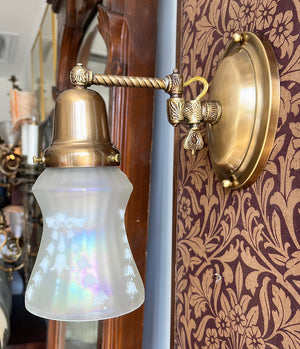 $750 PAIR - Circa 1900 Down Light Converted Gas Sconce with Antique Iridescent Shades