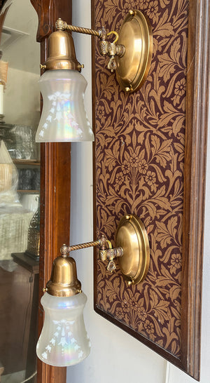 $750 PAIR - Circa 1900 Down Light Converted Gas Sconce with Antique Iridescent Shades