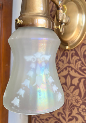 $750 PAIR - Circa 1900 Down Light Converted Gas Sconce with Antique Iridescent Shades