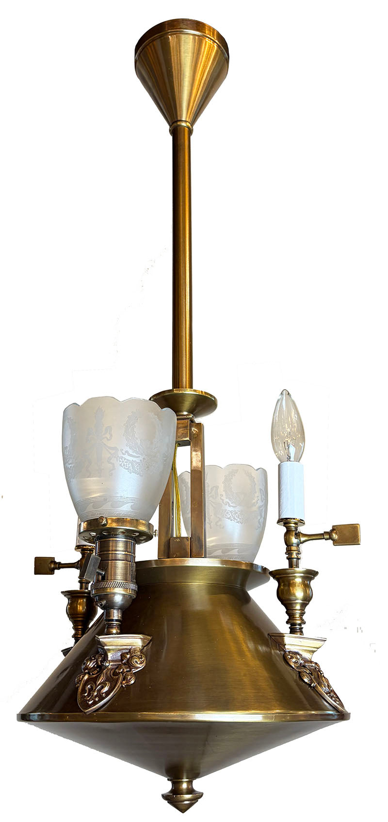 Rare Antique Circa 1900 Edwardian Four Light Gas Electric Fixture with Shield and Fleur De Lis Arms and Antique Acid Etched Shades