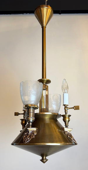 Rare Antique Circa 1900 Edwardian Four Light Gas Electric Fixture with Shield and Fleur De Lis Arms and Antique Acid Etched Shades