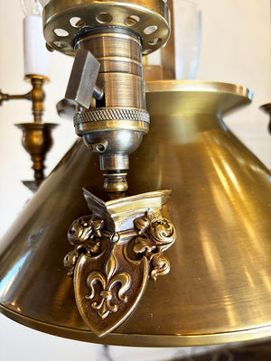 Rare Antique Circa 1900 Edwardian Four Light Gas Electric Fixture with Shield and Fleur De Lis Arms and Antique Acid Etched Shades