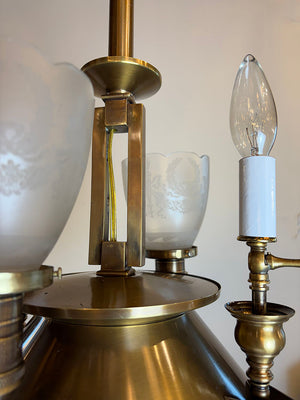 Rare Antique Circa 1900 Edwardian Four Light Gas Electric Fixture with Shield and Fleur De Lis Arms and Antique Acid Etched Shades