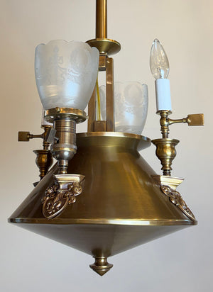Rare Antique Circa 1900 Edwardian Four Light Gas Electric Fixture with Shield and Fleur De Lis Arms and Antique Acid Etched Shades