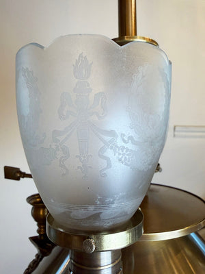 Rare Antique Circa 1900 Edwardian Four Light Gas Electric Fixture with Shield and Fleur De Lis Arms and Antique Acid Etched Shades