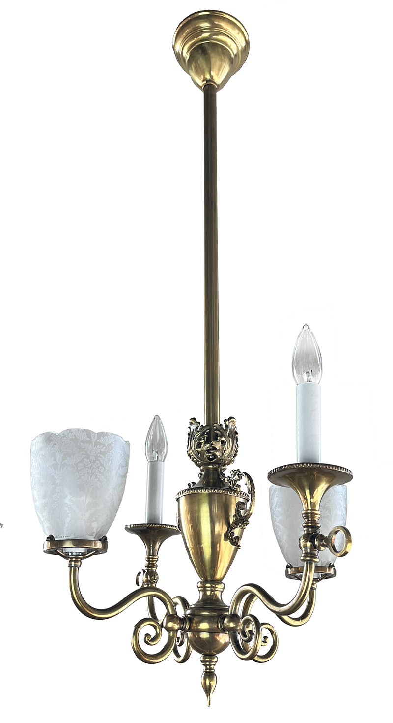 Antique 1895 Converted Gas Electric Four Light Fixture with Urn Center Body and Cast Acanthus Details