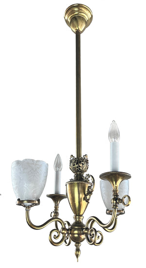 Antique 1895 Converted Gas Electric Four Light Fixture with Urn Center Body and Cast Acanthus Details