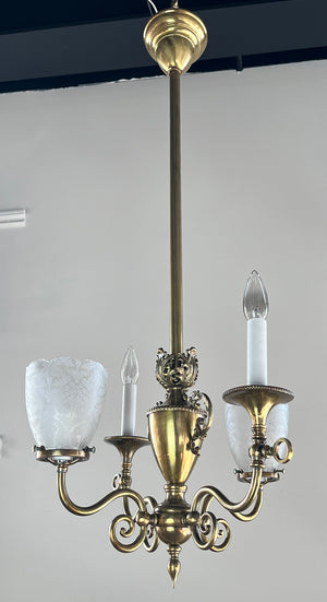 Antique 1895 Converted Gas Electric Four Light Fixture with Urn Center Body and Cast Acanthus Details